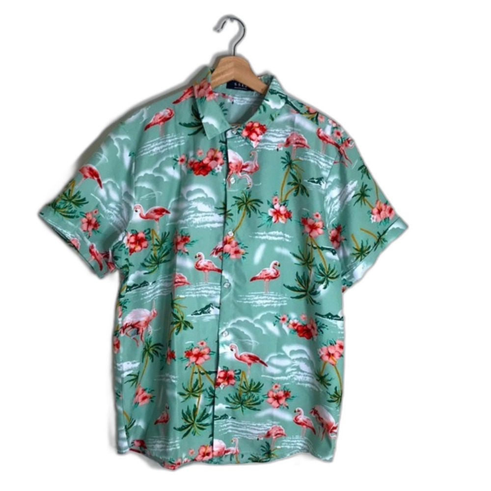 SSLR mens colorful flamingo short‎ sleeve button up shirt size large